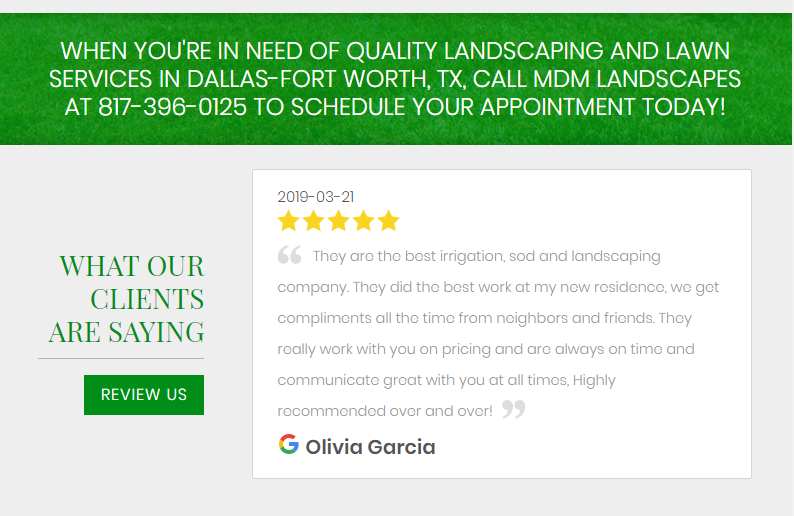 Landscaping Client Reviews Google Reviews on a Website to Promote Landscaping SEO