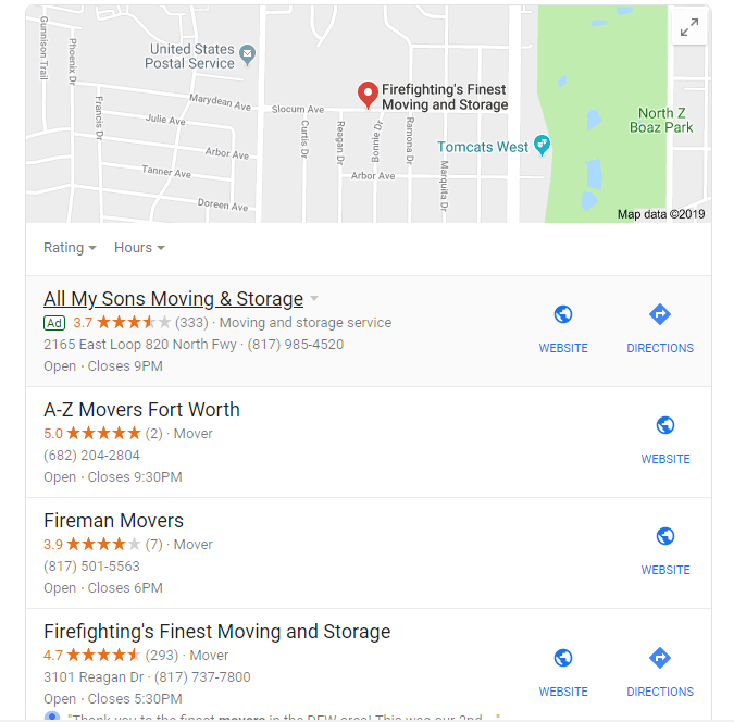Screenshot of Moving Company Google Business Profile