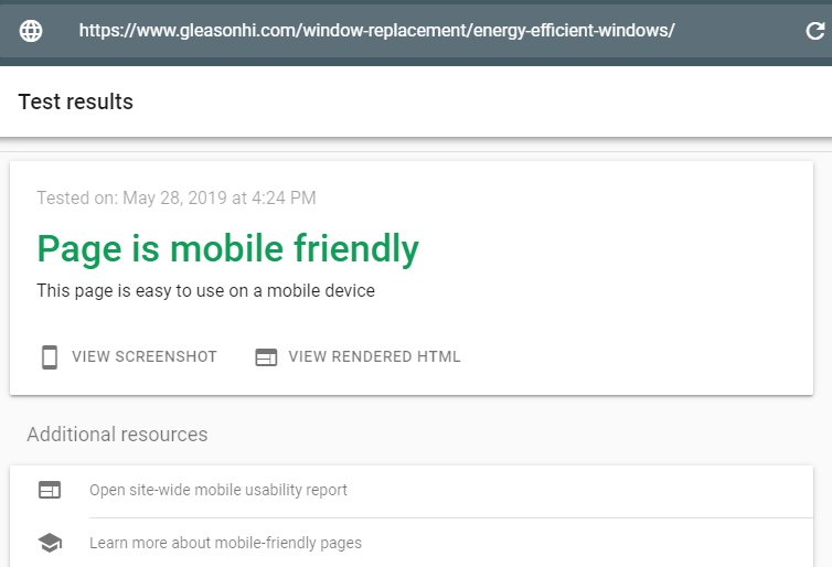Results for a Mobile Friendly Page Test