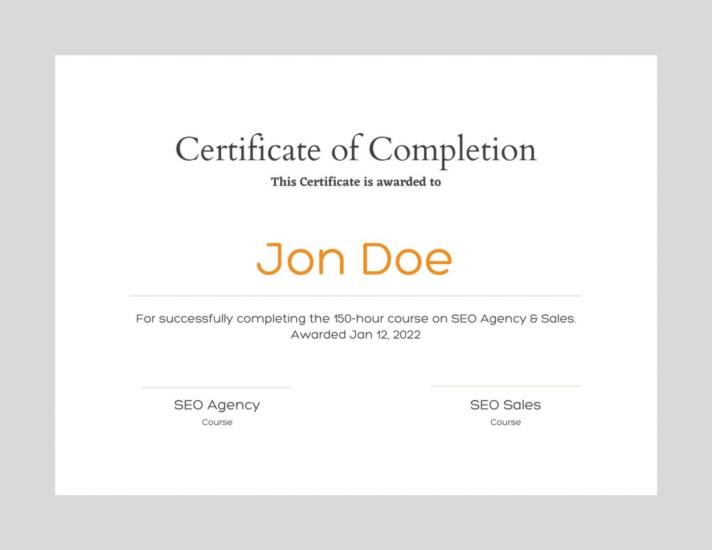 Sample SEO Certification With Fake Name