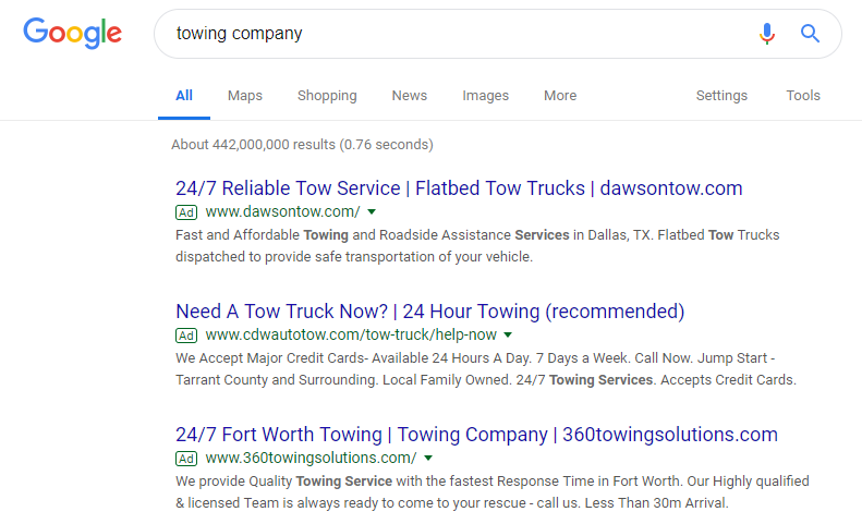 Towing Ads Get Top Spots Paid Adwords Result Elevates Towing Company SEO